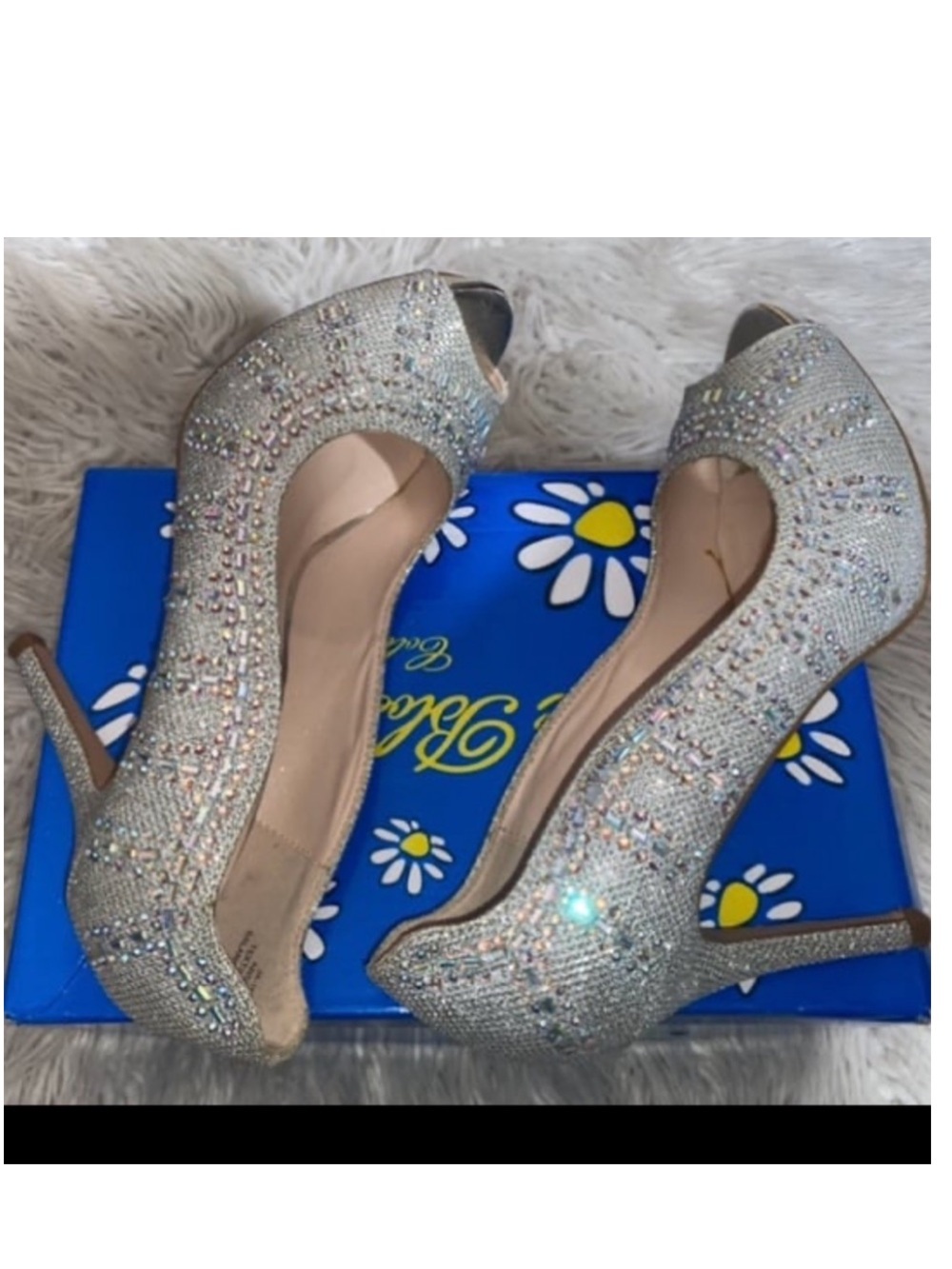 De Blossom Collection Silver Rhinestone Peep Toe Pumps Heels Size 7.5